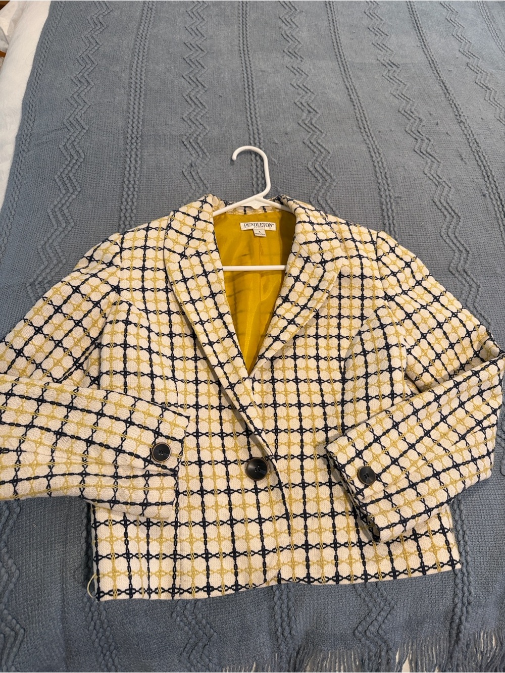 Pendleton Yellow and Navy Checked Cropped Blazer